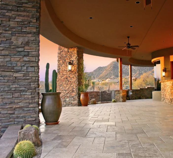 elegant patio area with stoneworks post